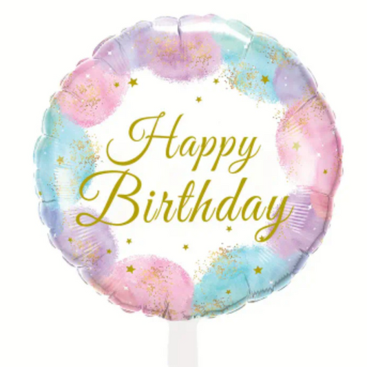 Inflated 18" happy birthday foil balloon on stick collection or local delivery